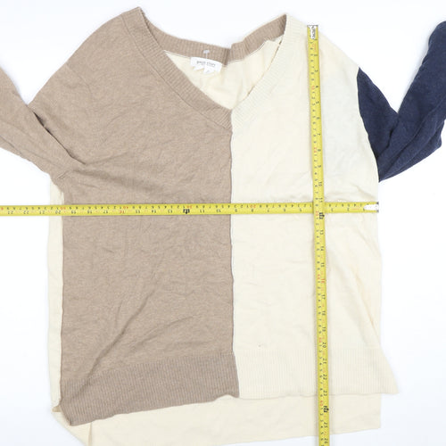 White Stuff Women Beige Cream Blue V-Neck Colourblock Cotton Jumper L