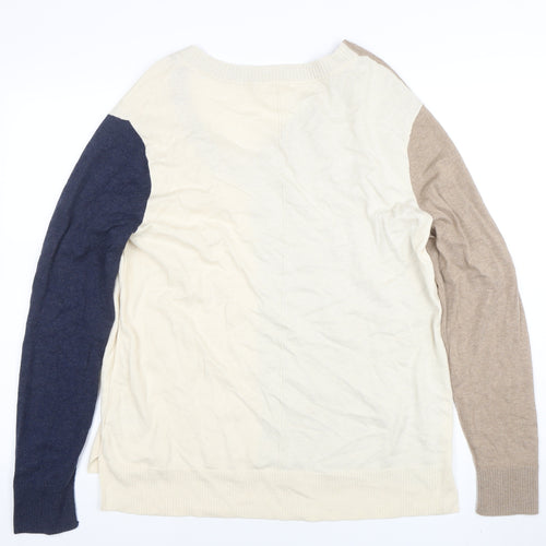 White Stuff Women Beige Cream Blue V-Neck Colourblock Cotton Jumper L