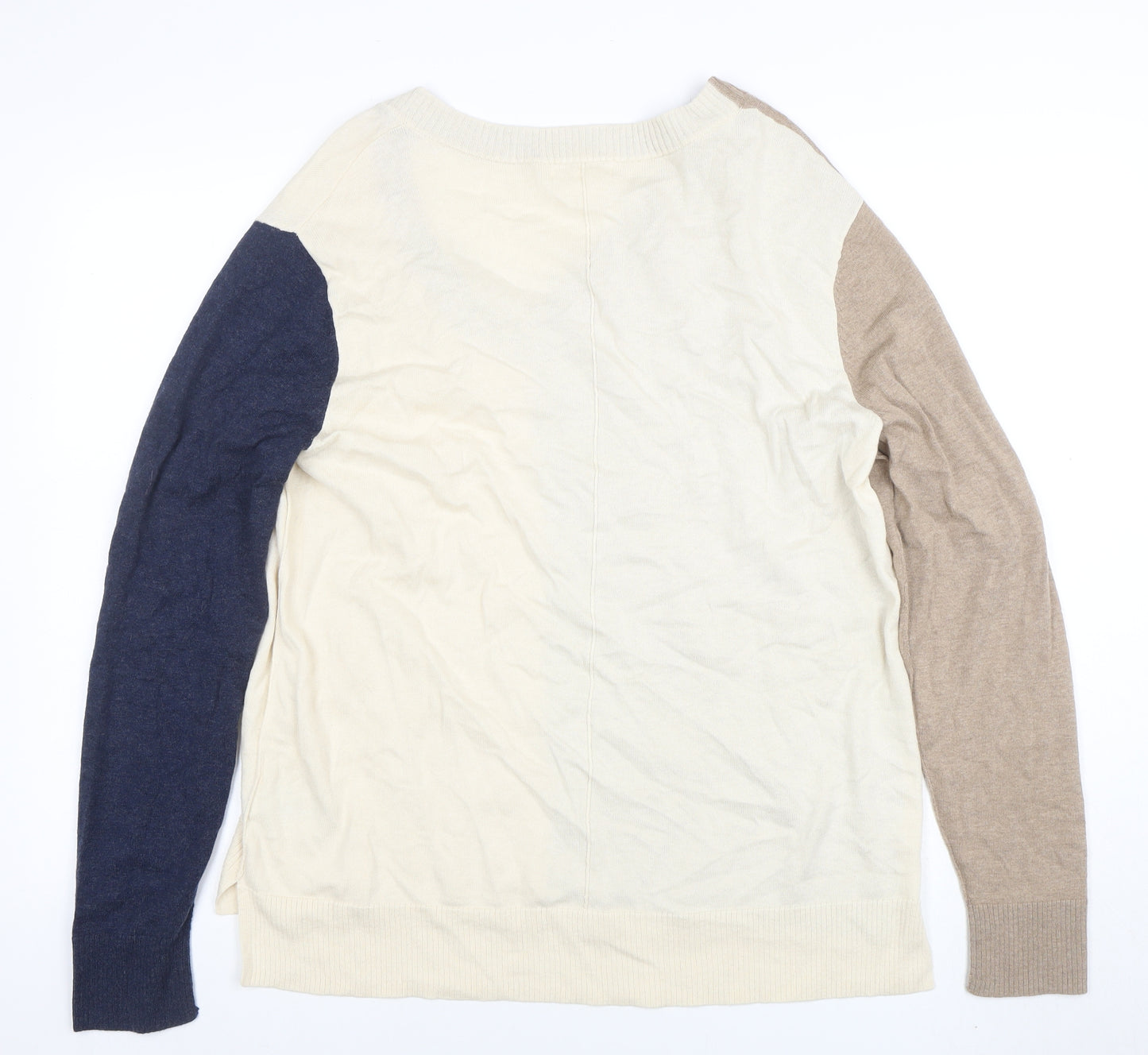 White Stuff Women Beige Cream Blue V-Neck Colourblock Cotton Jumper L