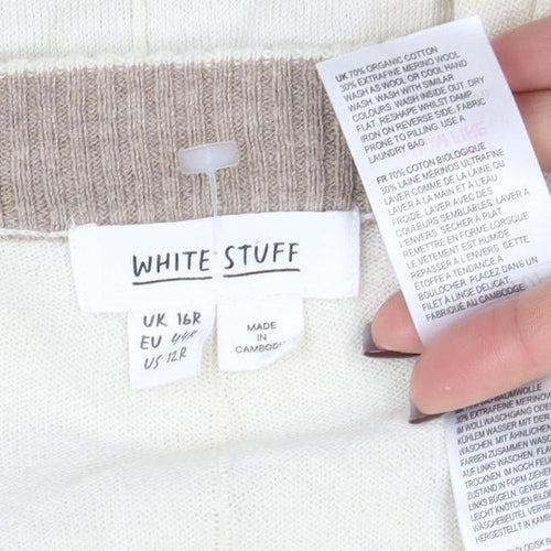 White Stuff Women Beige Cream Blue V-Neck Colourblock Cotton Jumper L