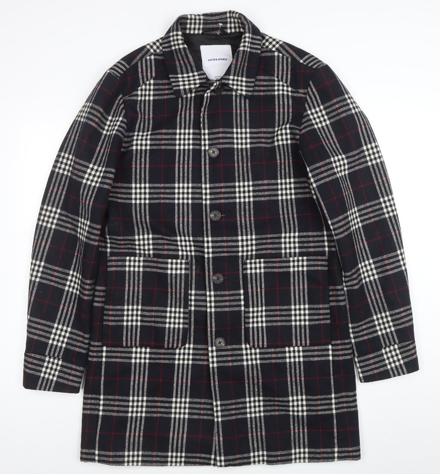 Jack & Jones Unisex Black Checked Long Overcoat L Polyester
