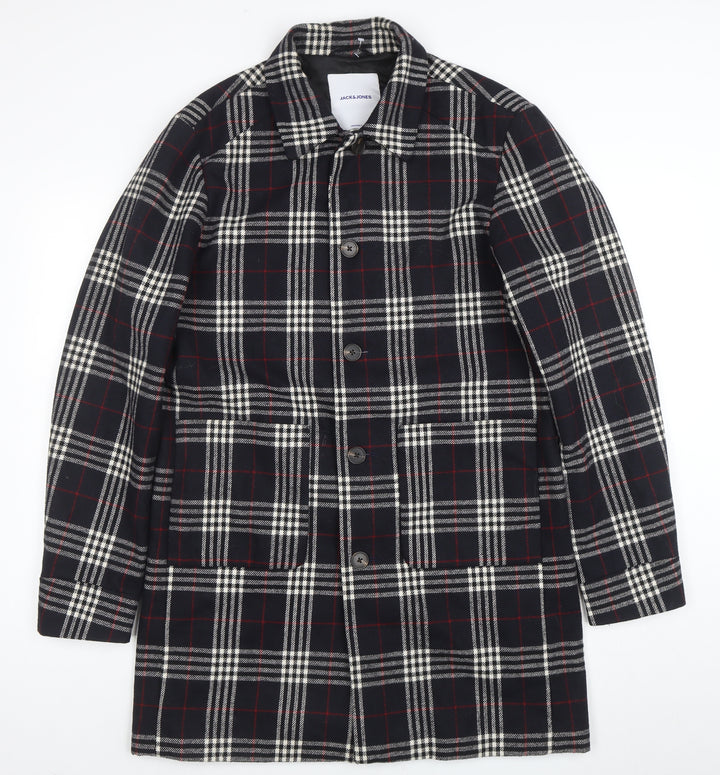 Jack & Jones Unisex Black Checked Long Overcoat L Polyester