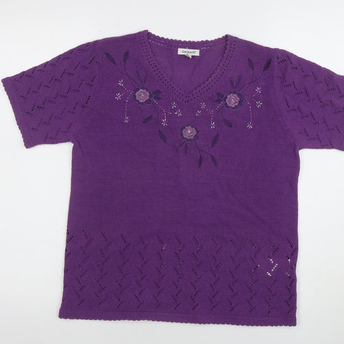 Damart Women’s Purple Embroidered Knit Short Sleeve Blouse Size S