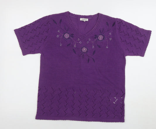 Damart Women’s Purple Embroidered Knit Short Sleeve Blouse Size S