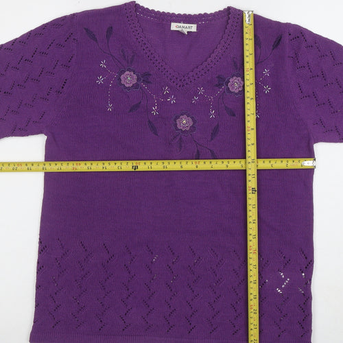 Damart Women’s Purple Embroidered Knit Short Sleeve Blouse Size S