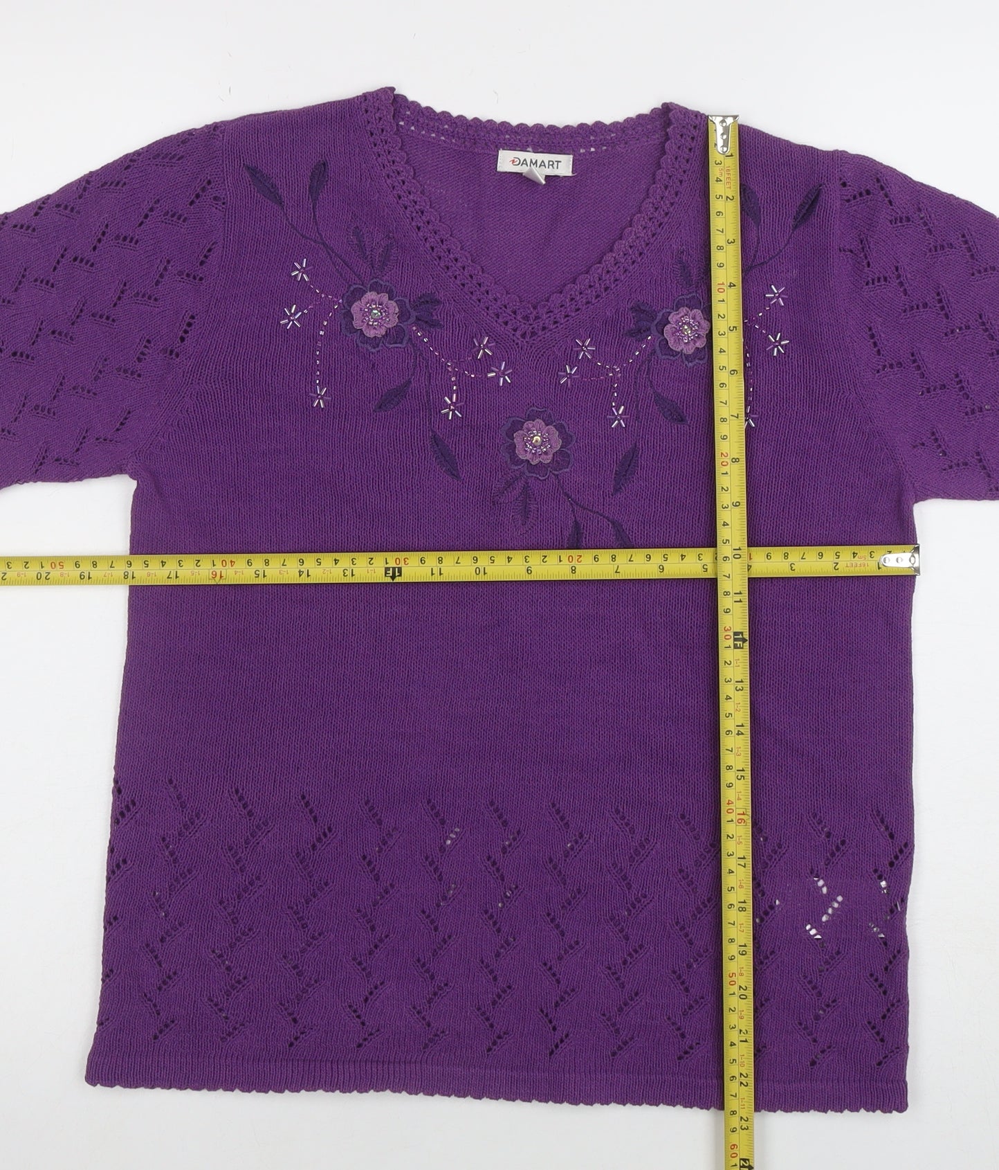 Damart Women’s Purple Embroidered Knit Short Sleeve Blouse Size S