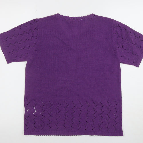 Damart Women’s Purple Embroidered Knit Short Sleeve Blouse Size S