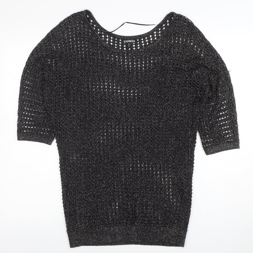 Express Womens Black Metallic Knit Boat Neck 3/4 Sleeve Blouse M