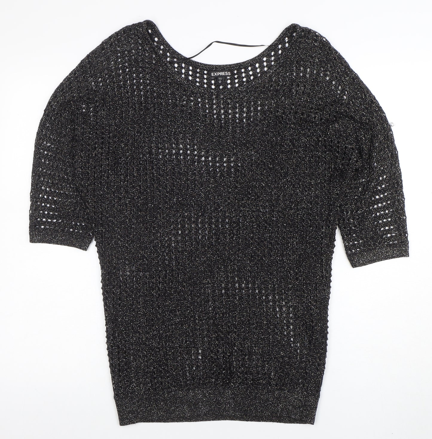Express Womens Black Metallic Knit Boat Neck 3/4 Sleeve Blouse M