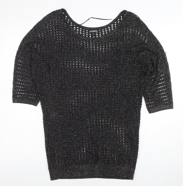 Express Womens Black Metallic Knit Boat Neck 3/4 Sleeve Blouse M