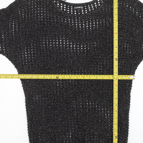 Express Womens Black Metallic Knit Boat Neck 3/4 Sleeve Blouse M