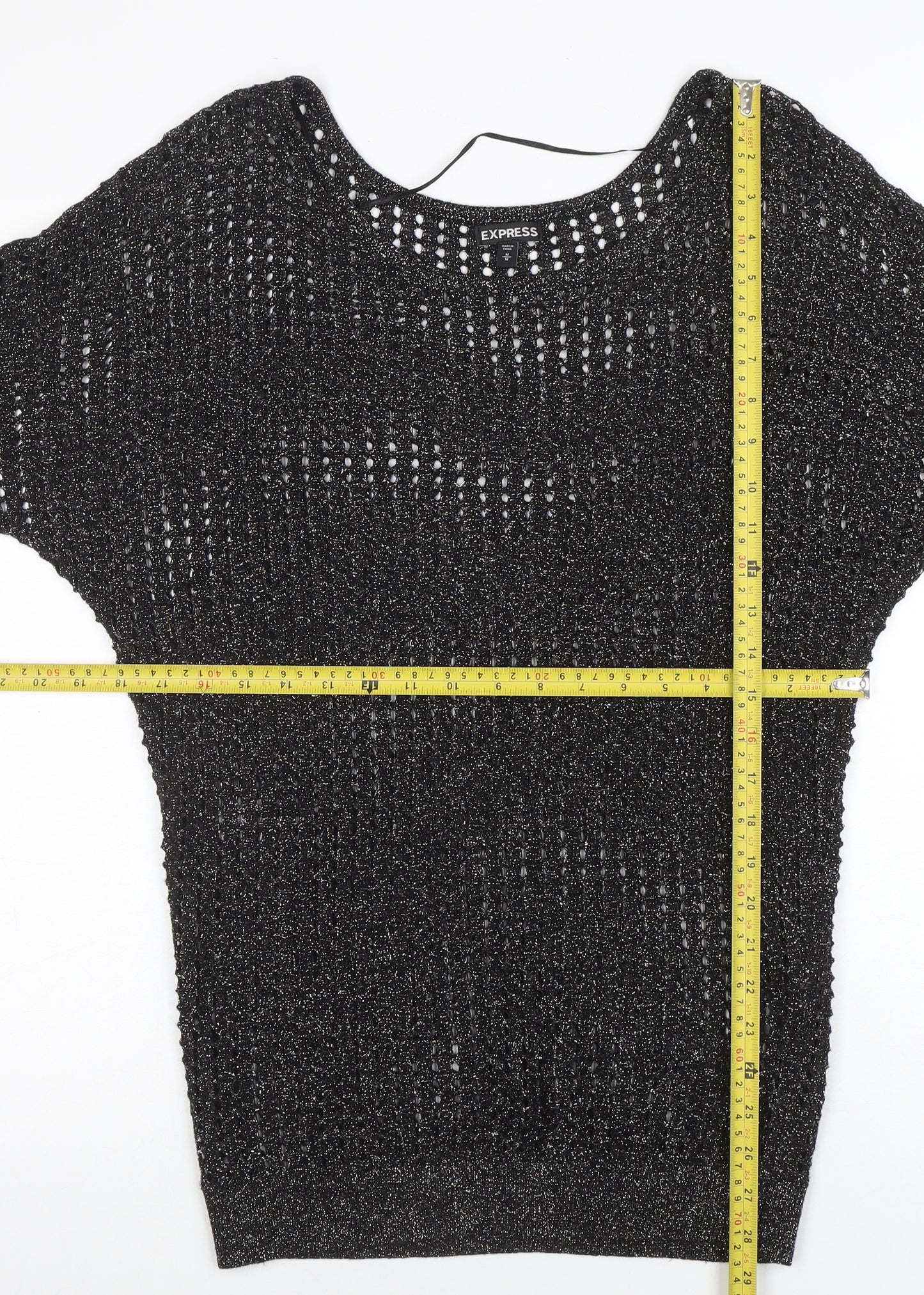 Express Womens Black Metallic Knit Boat Neck 3/4 Sleeve Blouse M