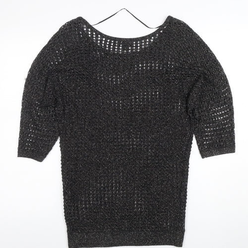 Express Womens Black Metallic Knit Boat Neck 3/4 Sleeve Blouse M