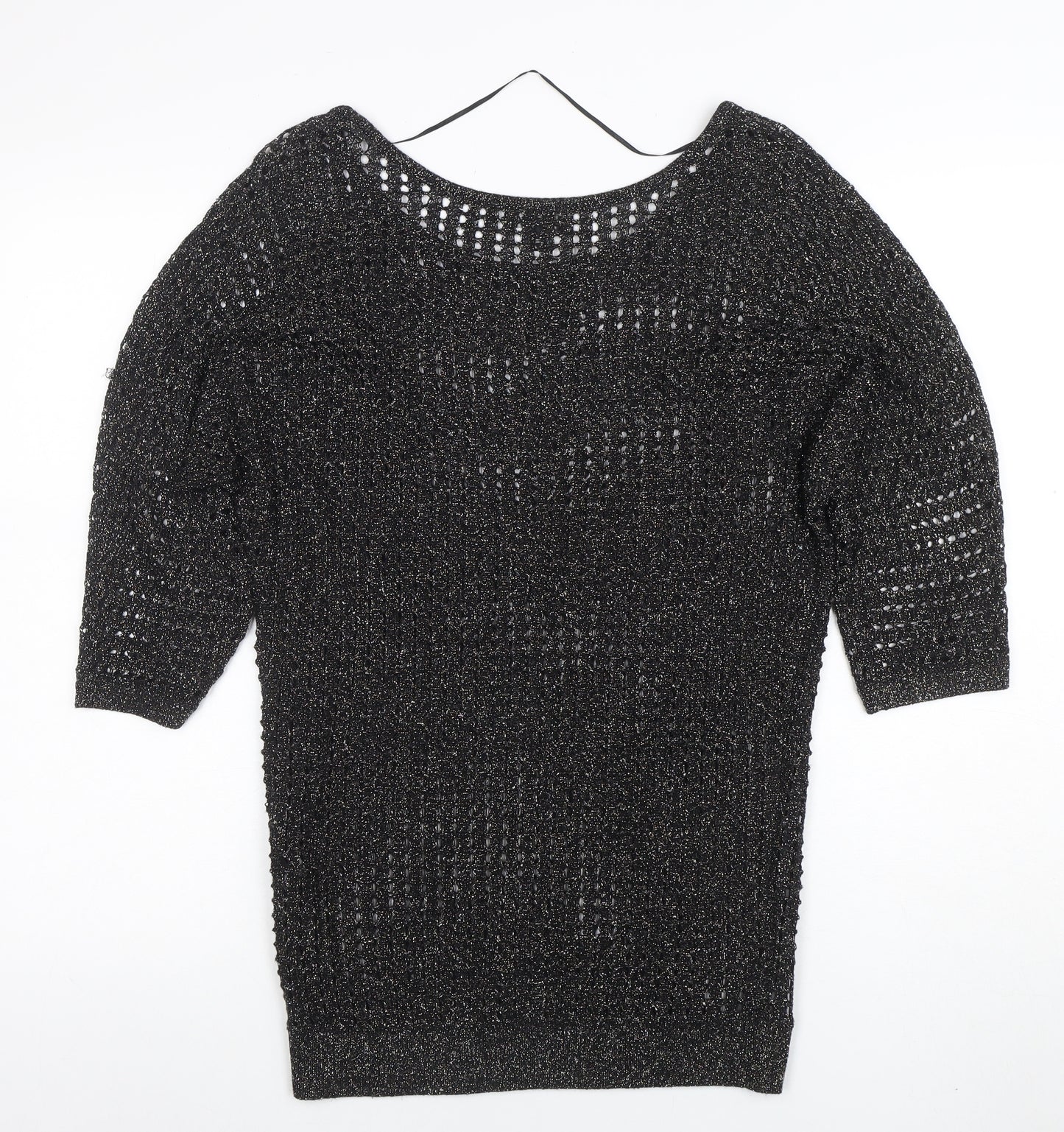 Express Womens Black Metallic Knit Boat Neck 3/4 Sleeve Blouse M