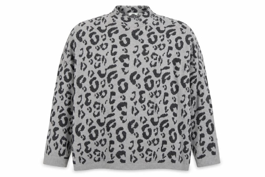 Front view of Garoche Women's Grey Leopard Knit High Neck jumper M