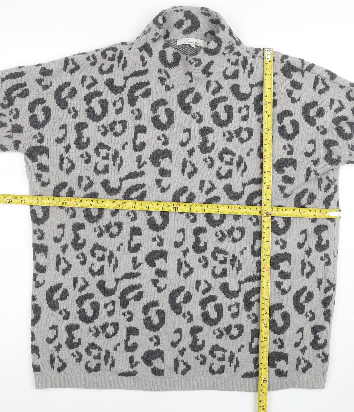 Garoche Women's Grey Leopard Knit High Neck Pullover Jumper M