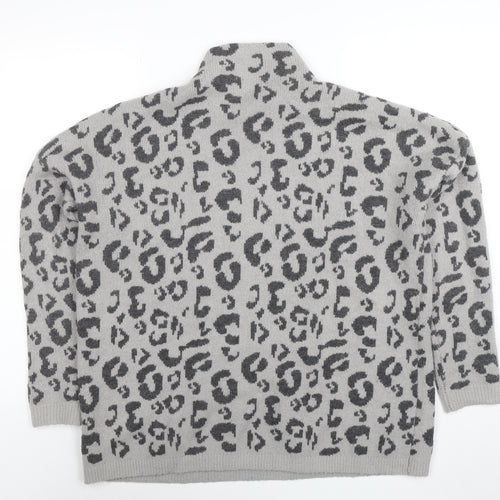 Garoche Women's Grey Leopard Knit High Neck Pullover Jumper M