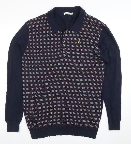 Onfire Mens Navy Blue Geometric Knit Long Sleeve Polo Shirt XXL