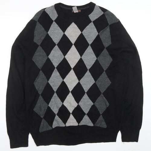 Dockers Men's Black Argyle Pullover Jumper L Crew Neck Knit