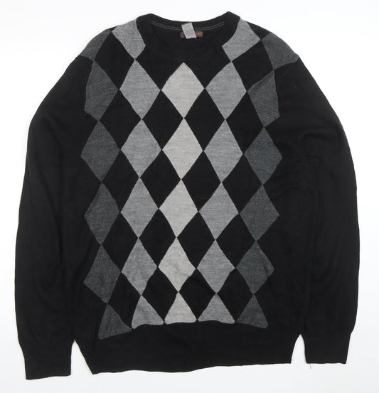 Dockers Men's Black Argyle Pullover Jumper L Crew Neck Knit