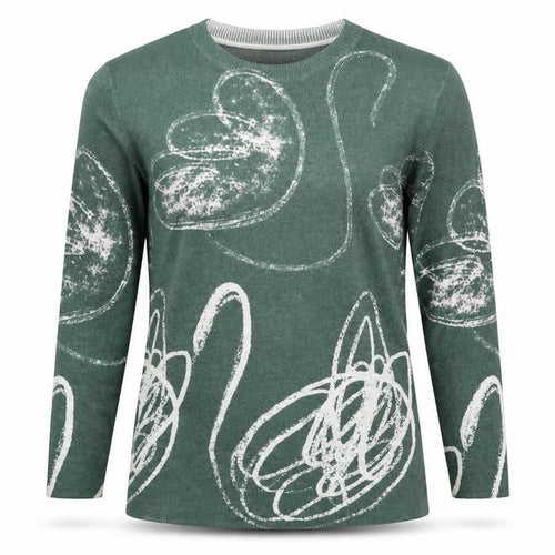 Parfois Women’s Green Swan Print Long Sleeve Cotton Blend Top XS