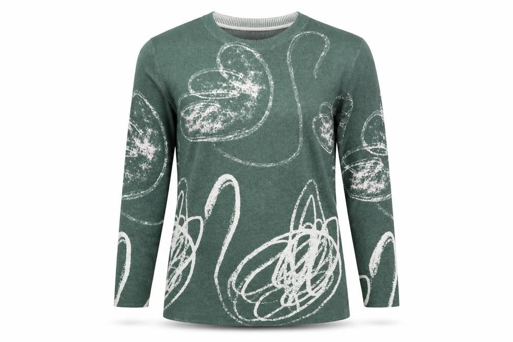 Parfois Women’s Green Swan Print Long Sleeve Cotton Blend Top XS
