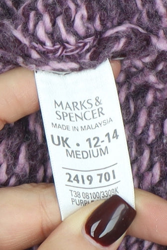 Marks and Spencer Womens Purple Chunky Knit Wool Blend Mock Neck Jumper Size 12
