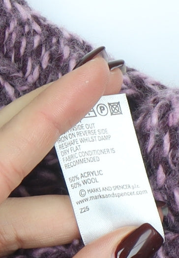 Marks and Spencer Womens Purple Chunky Knit Wool Blend Mock Neck Jumper Size 12