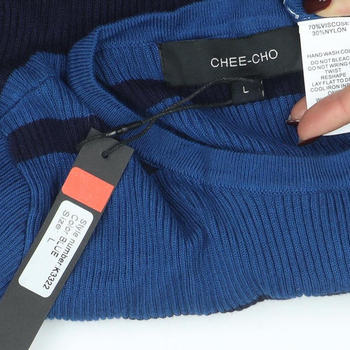 CHEE-CHO Womens Blue Striped Long Sleeve Knit Top Size L