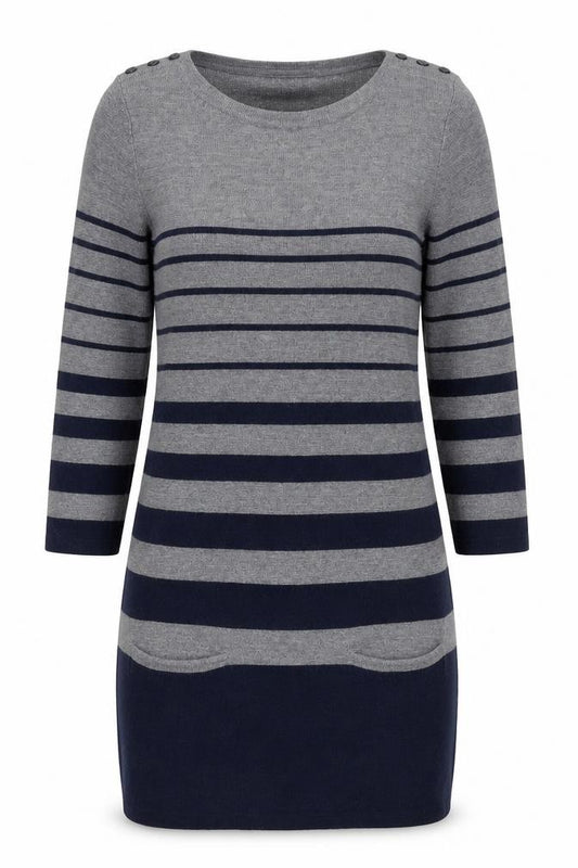 Front view of Mercer & Madison Women’s Grey Striped Wool Jumper Dress, size S