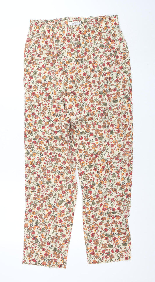 b.young Womens Beige Floral Cotton Straight Trousers Size 8