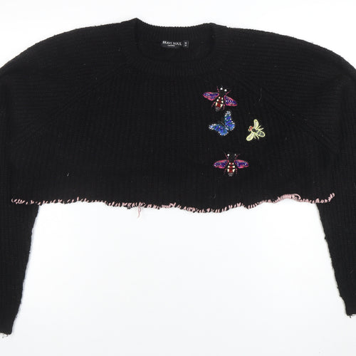 Brave Soul Women's Black Beaded Butterfly Chunky Knit Jumper Size 14