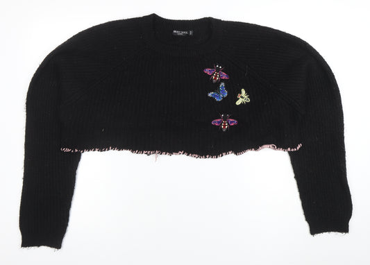 Brave Soul Women's Black Beaded Butterfly Chunky Knit Jumper Size 14