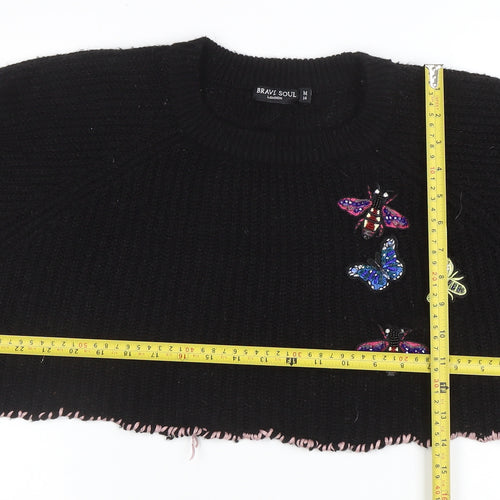Brave Soul Women's Black Beaded Butterfly Chunky Knit Jumper Size 14