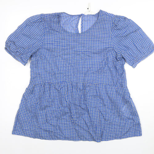 Object Women's Blue Check Puff Sleeve Tunic Blouse Size M