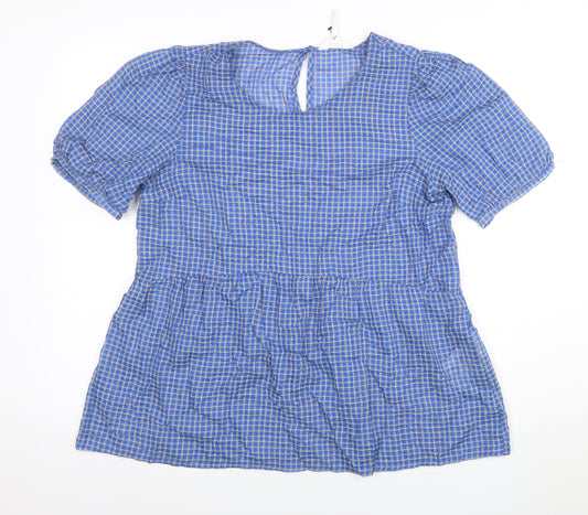 Object Women's Blue Check Puff Sleeve Tunic Blouse Size M
