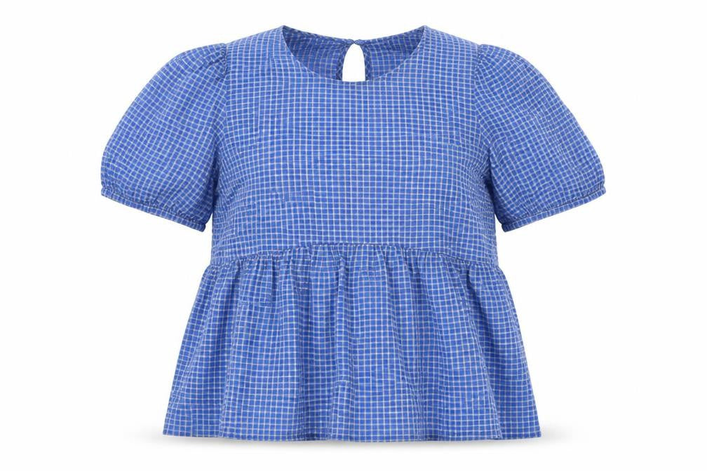 Front view of Object Women's Blue Check Puff Sleeve Tunic Blouse, size M