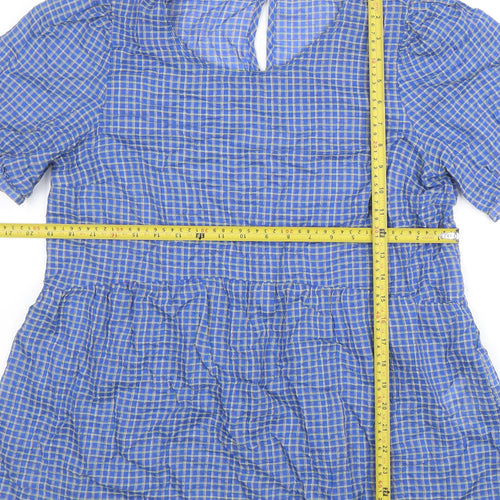 Object Women's Blue Check Puff Sleeve Tunic Blouse Size M