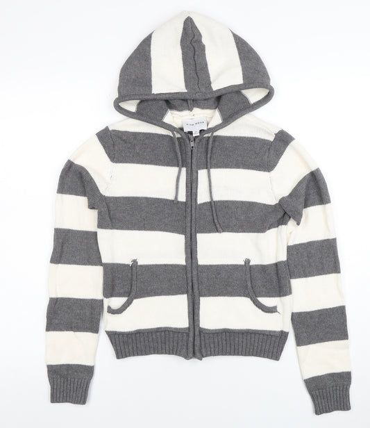 Pink Rose Women's Grey Striped Hooded Full Zip Knit Jumper XS