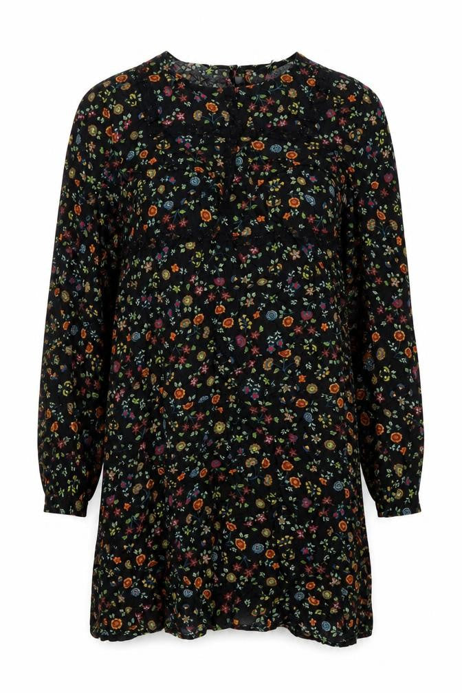 Front view of Peacocks Women's Black Floral A-Line Short Dress, size 10