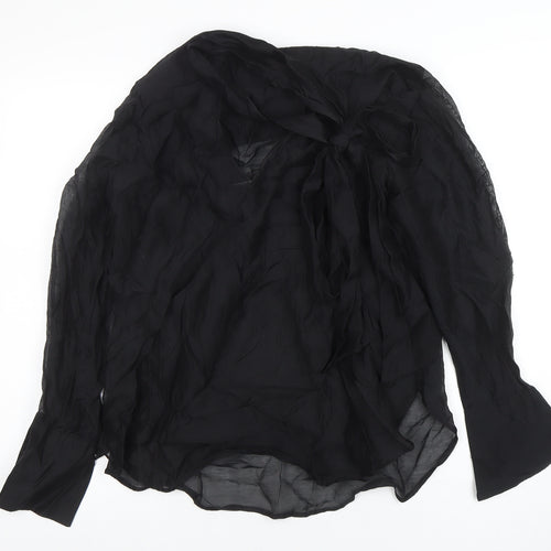 H&M Women's Black Chiffon Bow Blouse Size S Long Sleeve Wrap Style