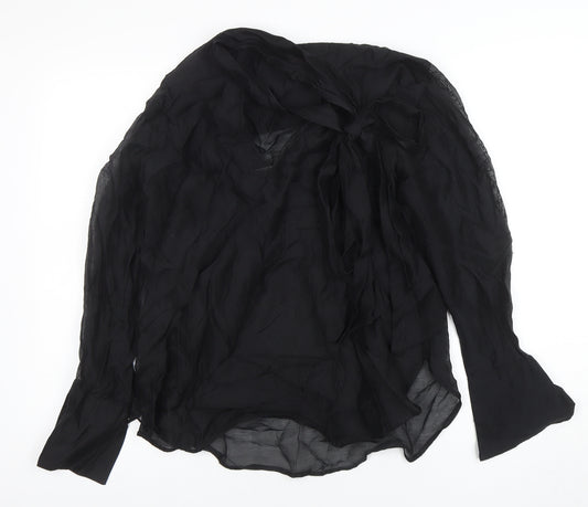 H&M Women's Black Chiffon Bow Blouse Size S Long Sleeve Wrap Style