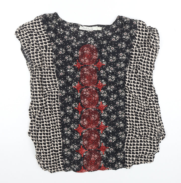 Solitaire Womens Black Floral Embroidered Sleeveless Boho Blouse Size L