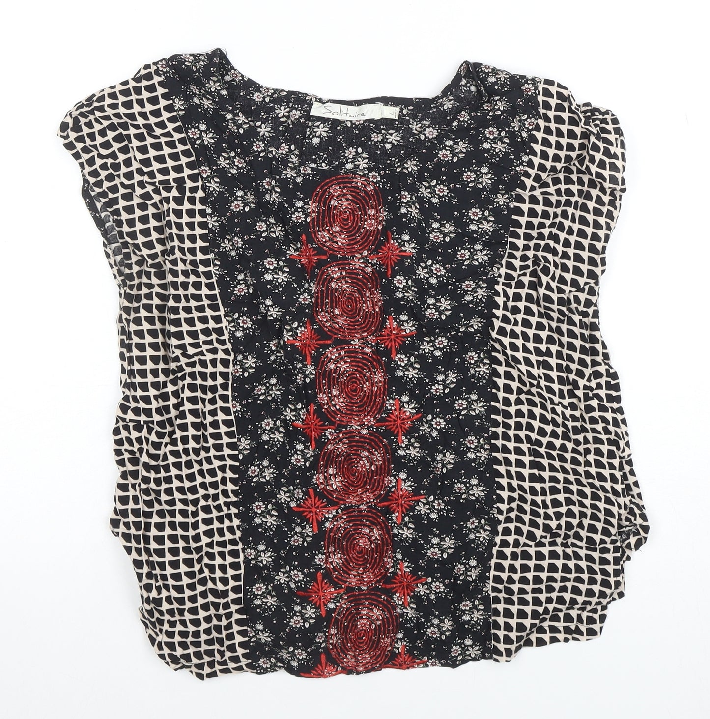 Solitaire Womens Black Floral Embroidered Sleeveless Boho Blouse Size L