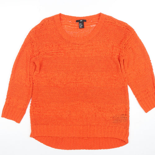 H&M Women’s Orange Open-Knit 3/4 Sleeve Pullover Jumper XS