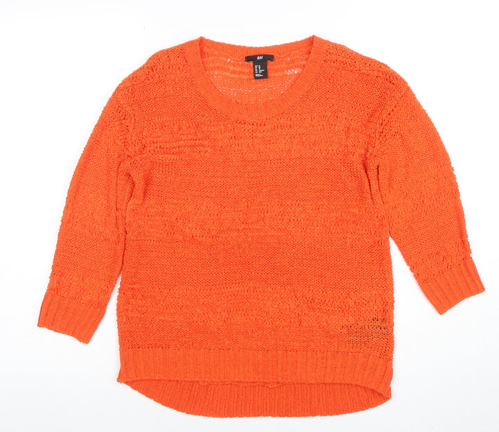 H&M Women’s Orange Open-Knit 3/4 Sleeve Pullover Jumper XS