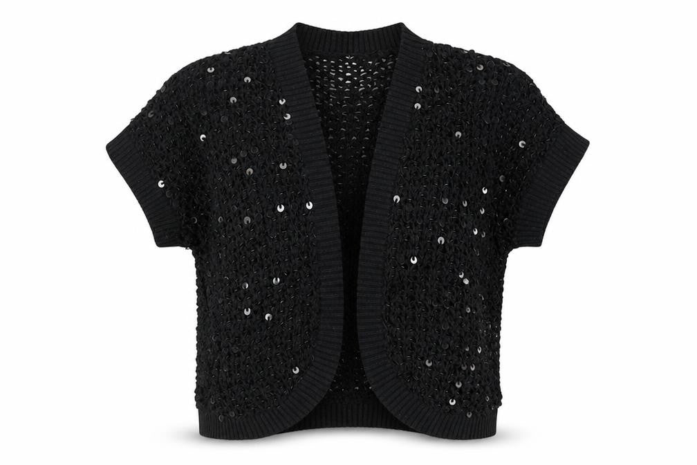 Front view of Oasis Women’s Black Sequin Open-Knit Cardigan, size UK 8