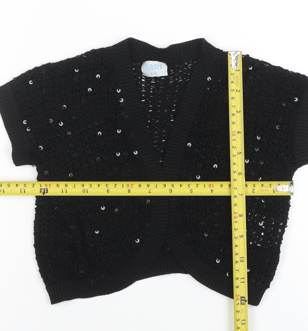 Oasis Women’s Black Sequin Open-Knit Cardigan Size 8