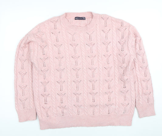 Marks and Spencer Women Pink Cable Knit Crew Neck Jumper Medium