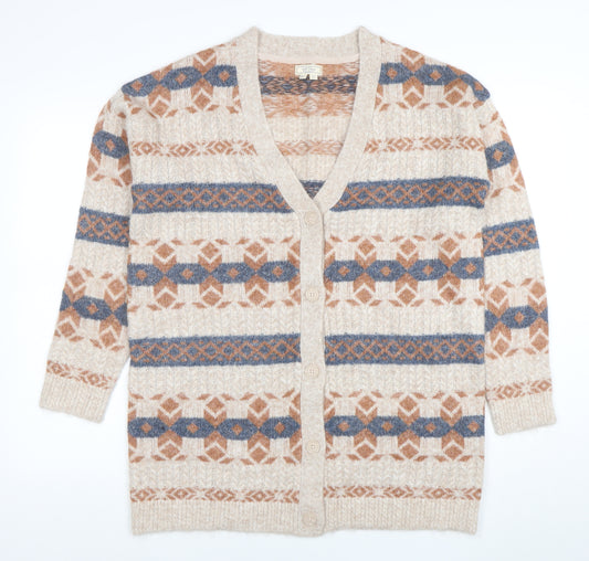 Fat Face Women's Beige Geometric Knit Wool Cardigan Size 12